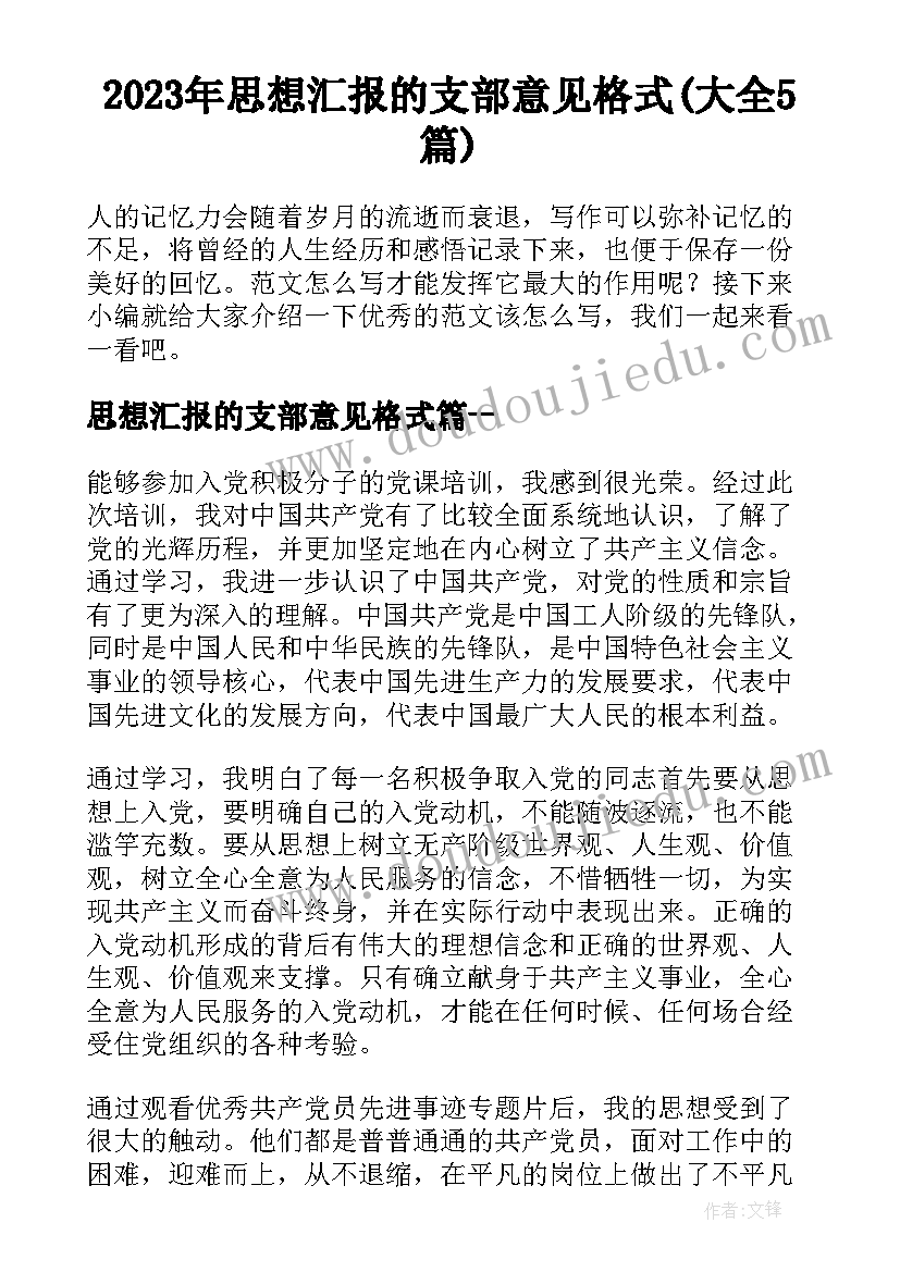 2023年思想汇报的支部意见格式(大全5篇)