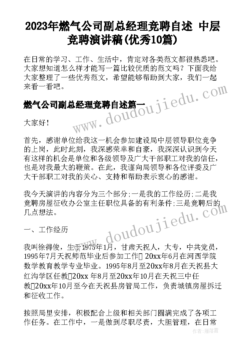 2023年燃气公司副总经理竞聘自述 中层竞聘演讲稿(优秀10篇)