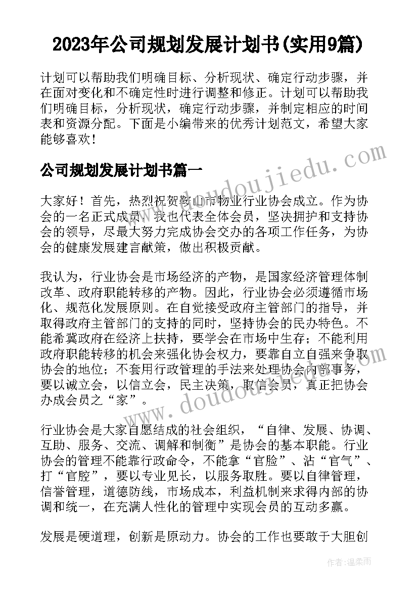 2023年公司规划发展计划书(实用9篇)