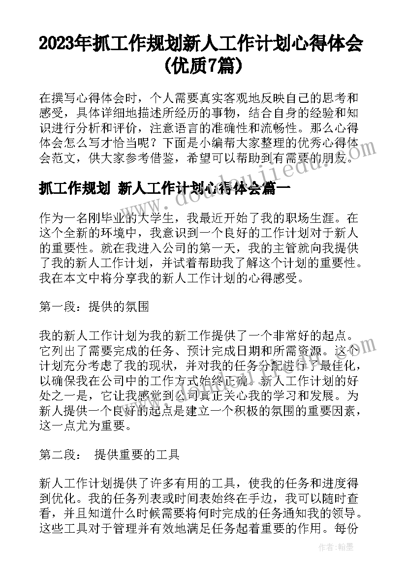 2023年抓工作规划 新人工作计划心得体会(优质7篇)