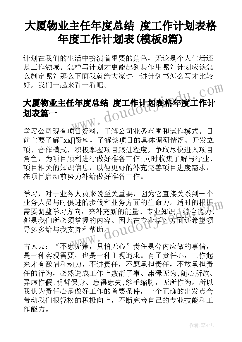 大厦物业主任年度总结 度工作计划表格年度工作计划表(模板8篇)