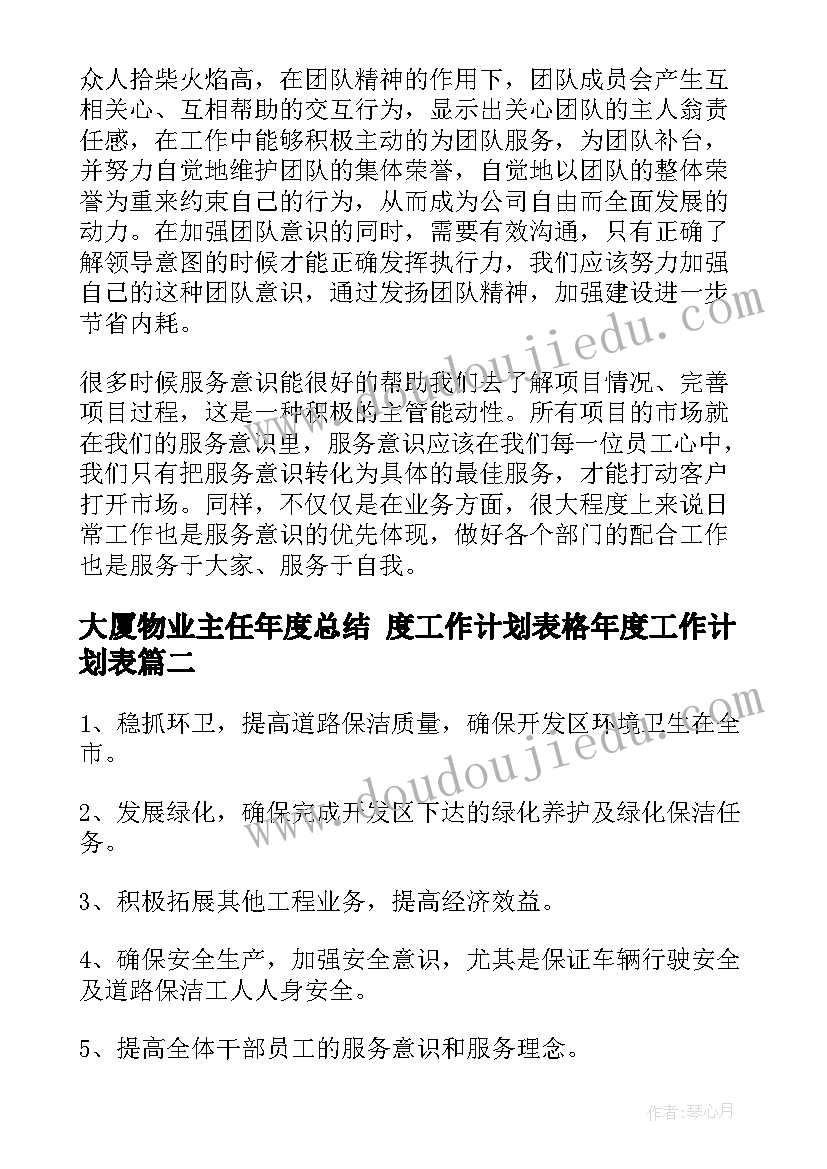 大厦物业主任年度总结 度工作计划表格年度工作计划表(模板8篇)