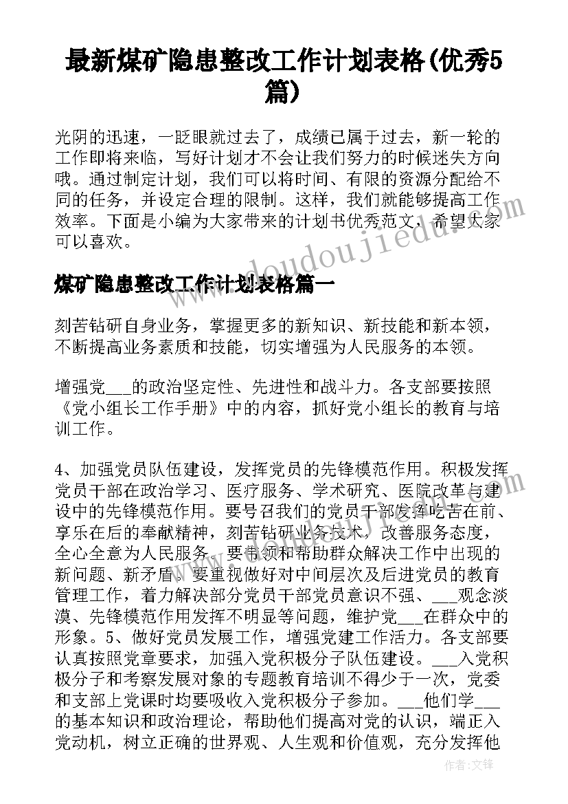 最新煤矿隐患整改工作计划表格(优秀5篇)