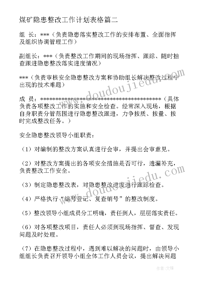 最新煤矿隐患整改工作计划表格(优秀5篇)