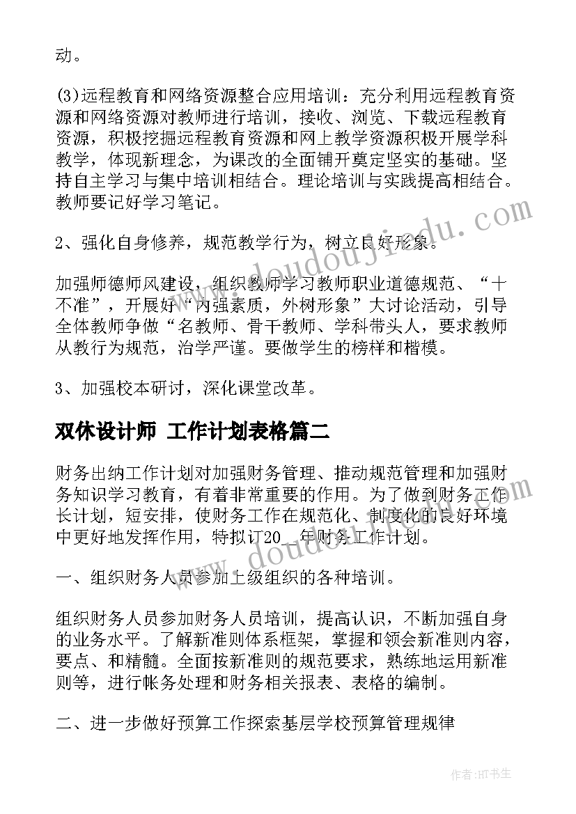 最新双休设计师 工作计划表格(优质9篇)