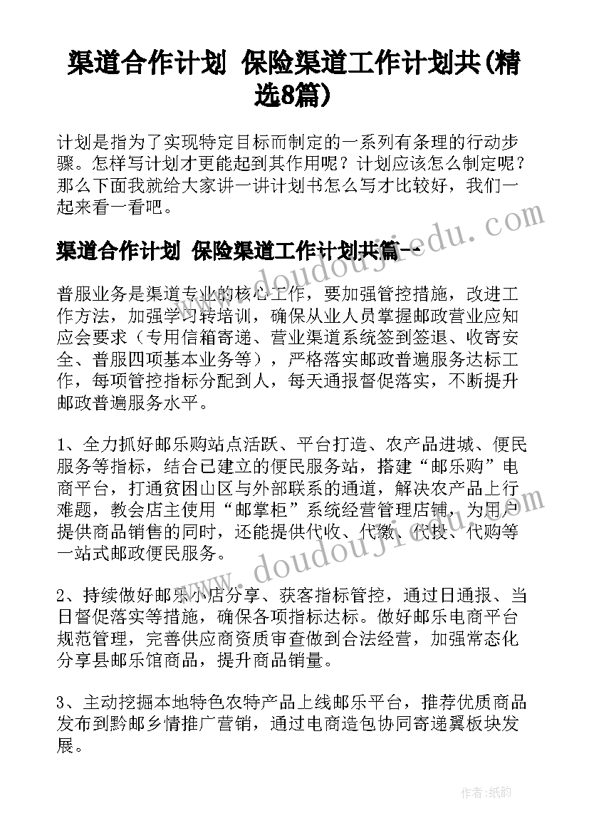 渠道合作计划 保险渠道工作计划共(精选8篇)