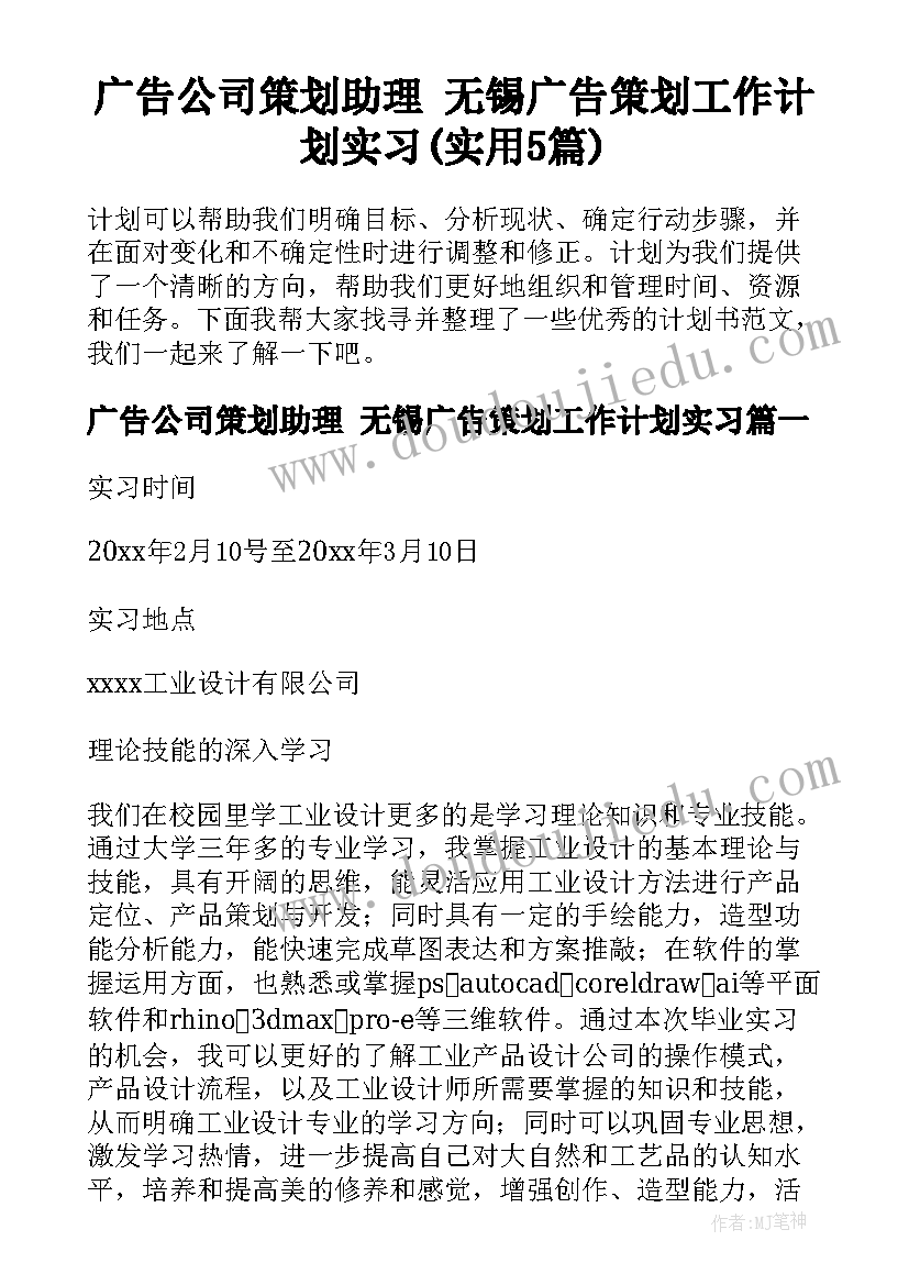 广告公司策划助理 无锡广告策划工作计划实习(实用5篇)