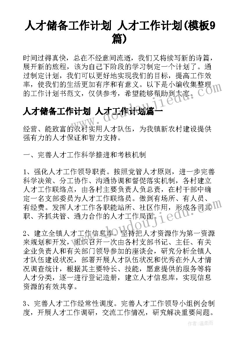 人才储备工作计划 人才工作计划(模板9篇)