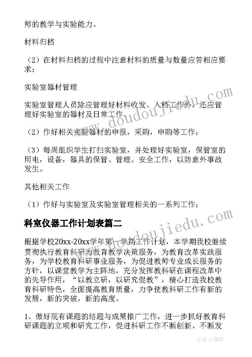 最新科室仪器工作计划表(大全8篇)