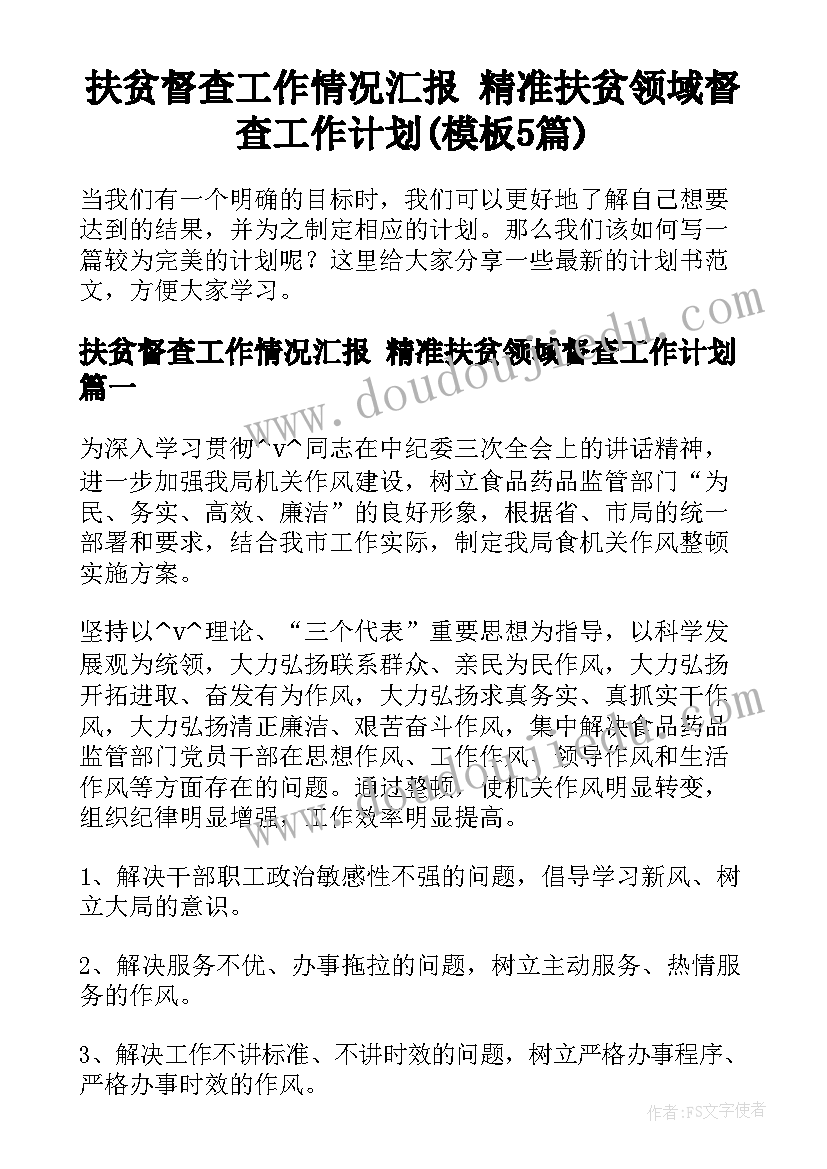 扶贫督查工作情况汇报 精准扶贫领域督查工作计划(模板5篇)