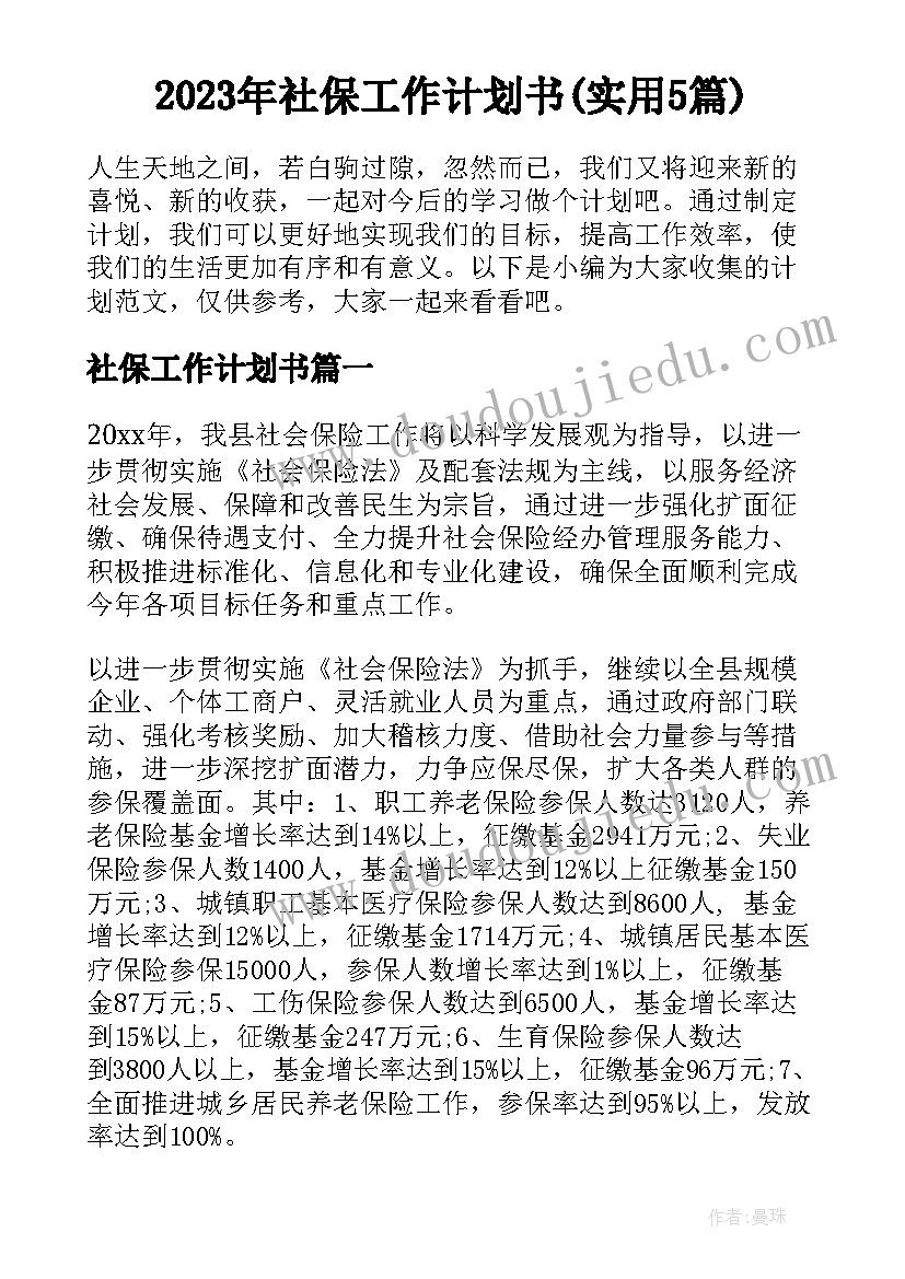 2023年社保工作计划书(实用5篇)