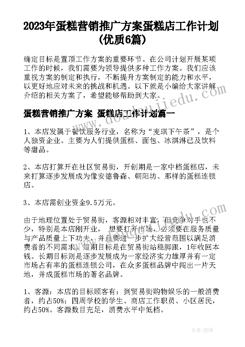 2023年蛋糕营销推广方案 蛋糕店工作计划(优质6篇)