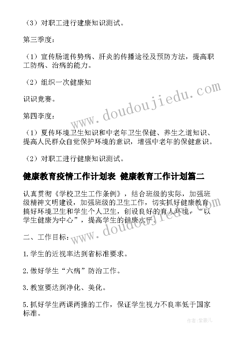 最新健康教育疫情工作计划表 健康教育工作计划(优秀8篇)