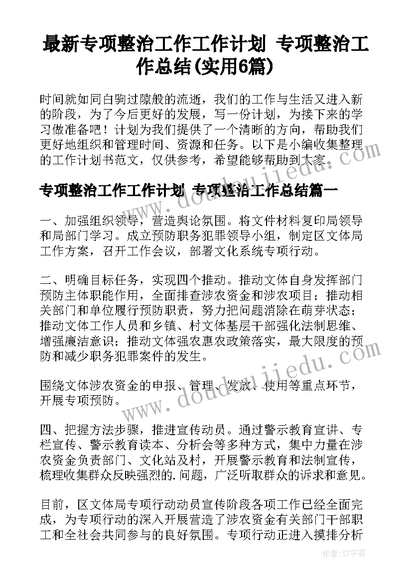 最新专项整治工作工作计划 专项整治工作总结(实用6篇)