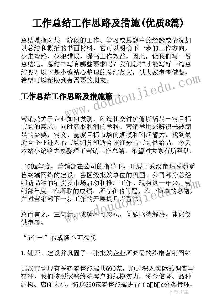 工作总结工作思路及措施(优质8篇)