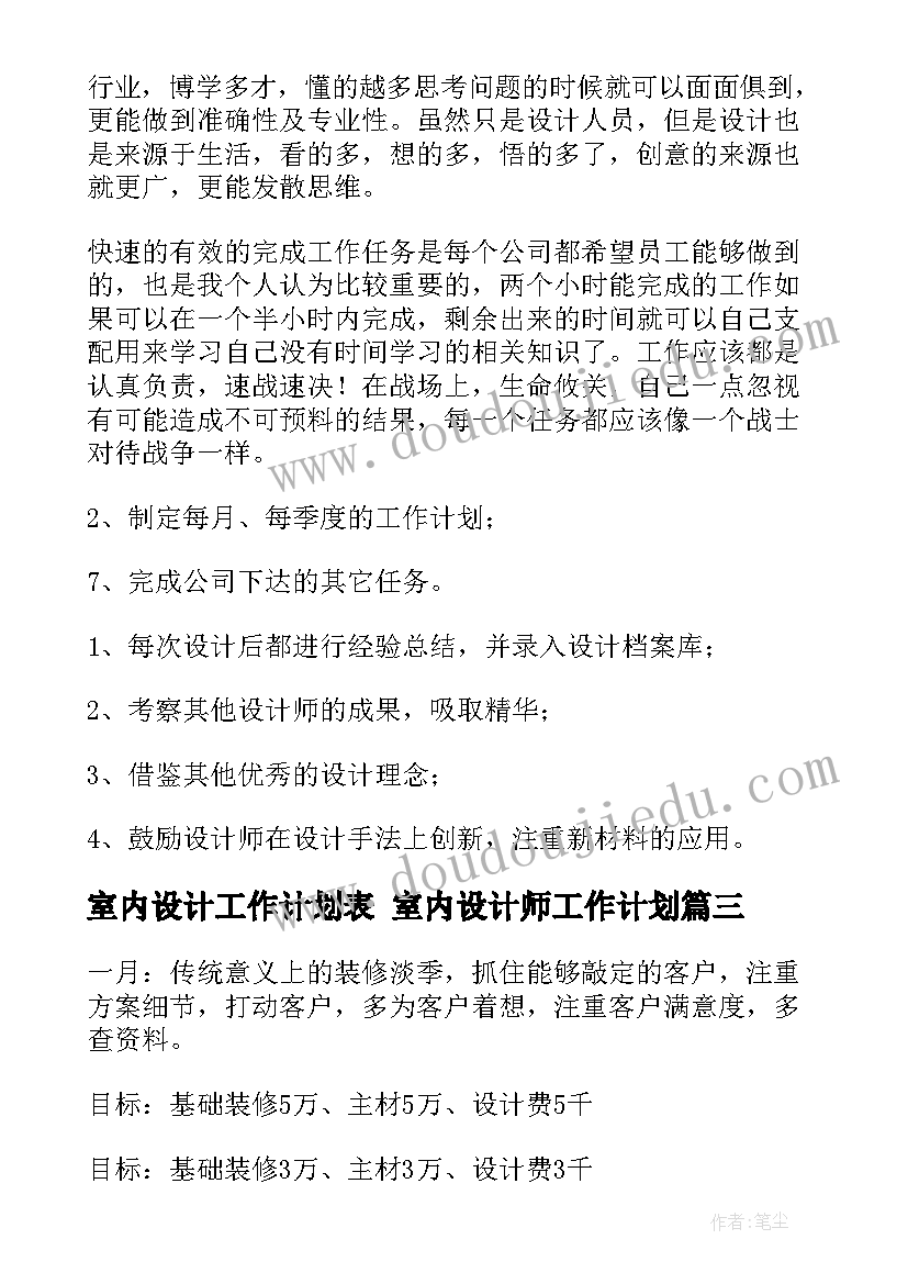 最新室内设计工作计划表 室内设计师工作计划(精选8篇)