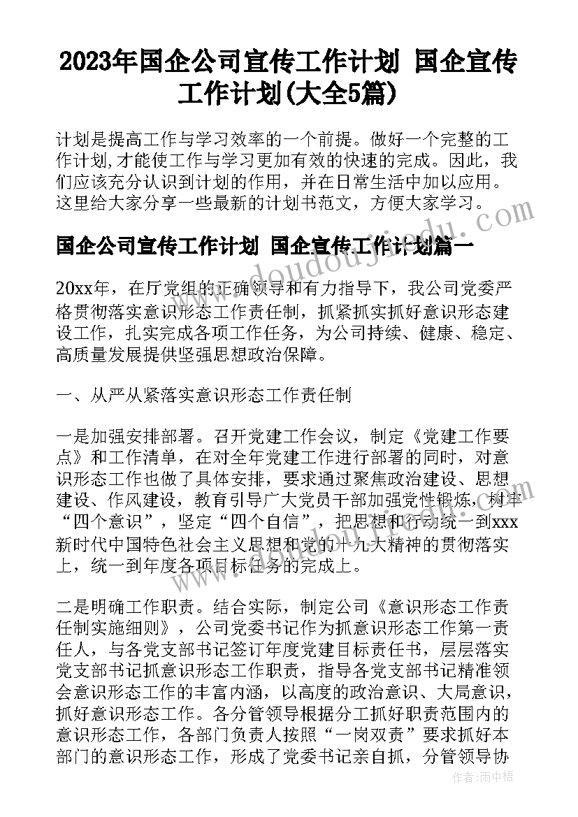 2023年国企公司宣传工作计划 国企宣传工作计划(大全5篇)