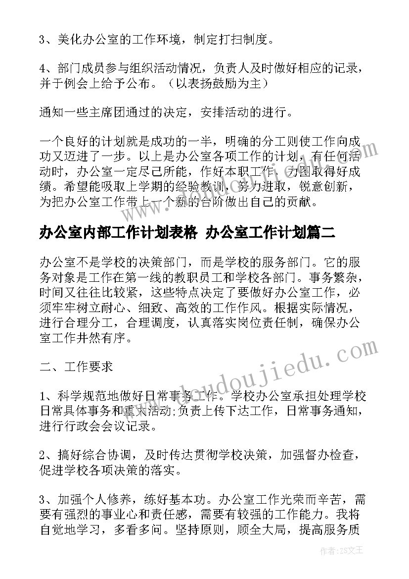 办公室内部工作计划表格 办公室工作计划(优秀8篇)