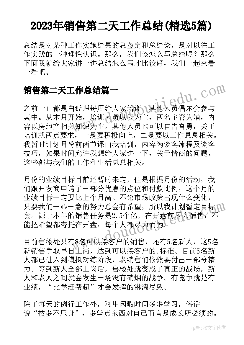 2023年销售第二天工作总结(精选5篇)