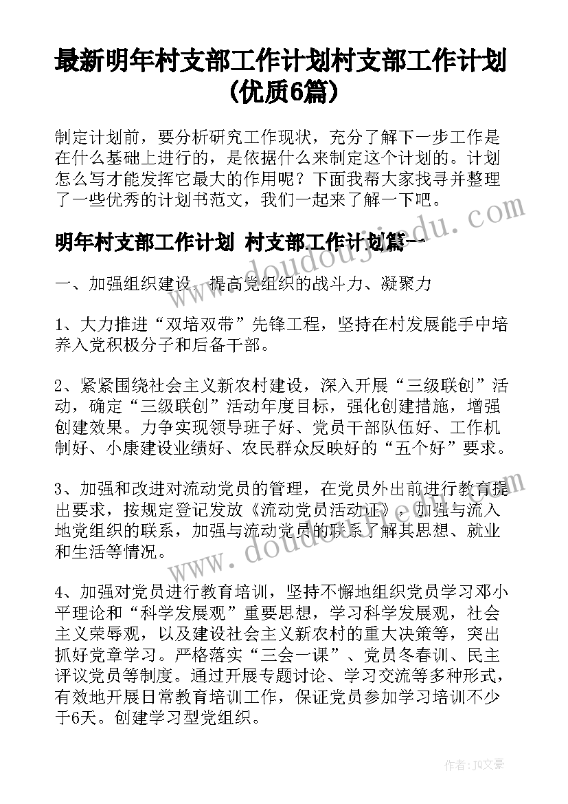 最新明年村支部工作计划 村支部工作计划(优质6篇)