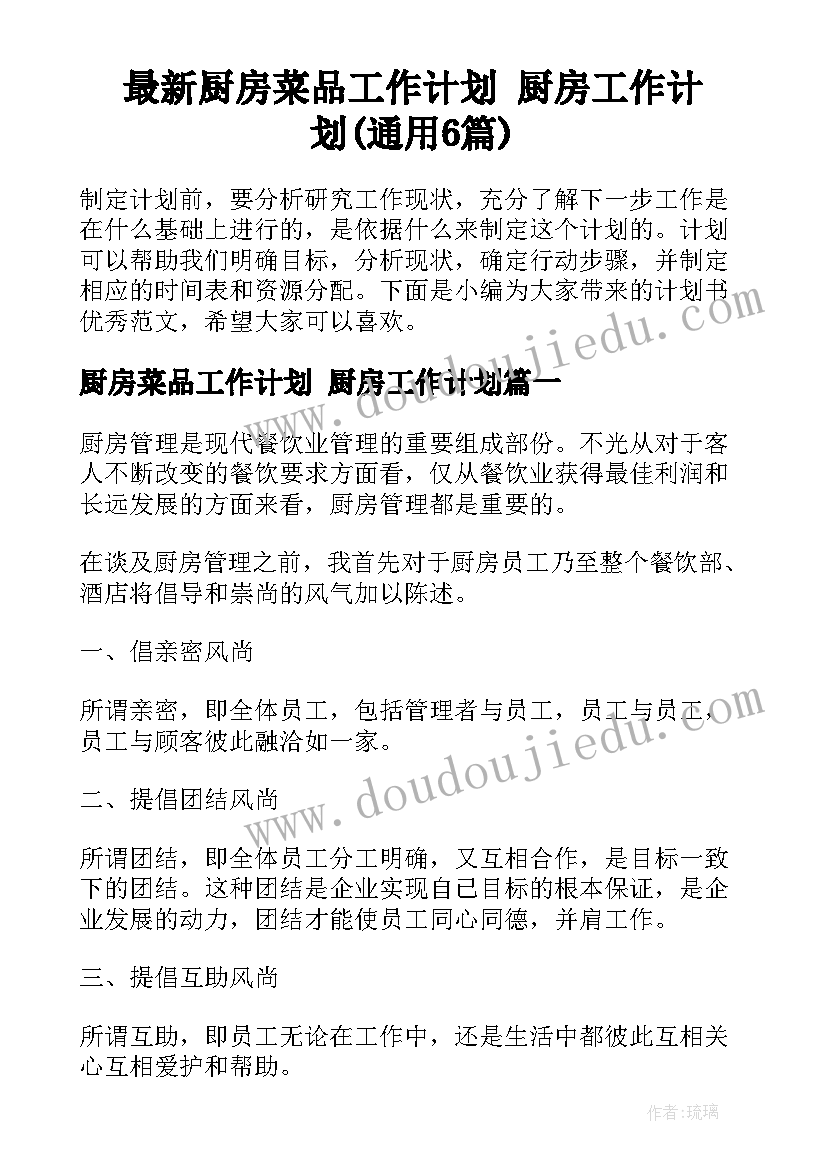 最新厨房菜品工作计划 厨房工作计划(通用6篇)