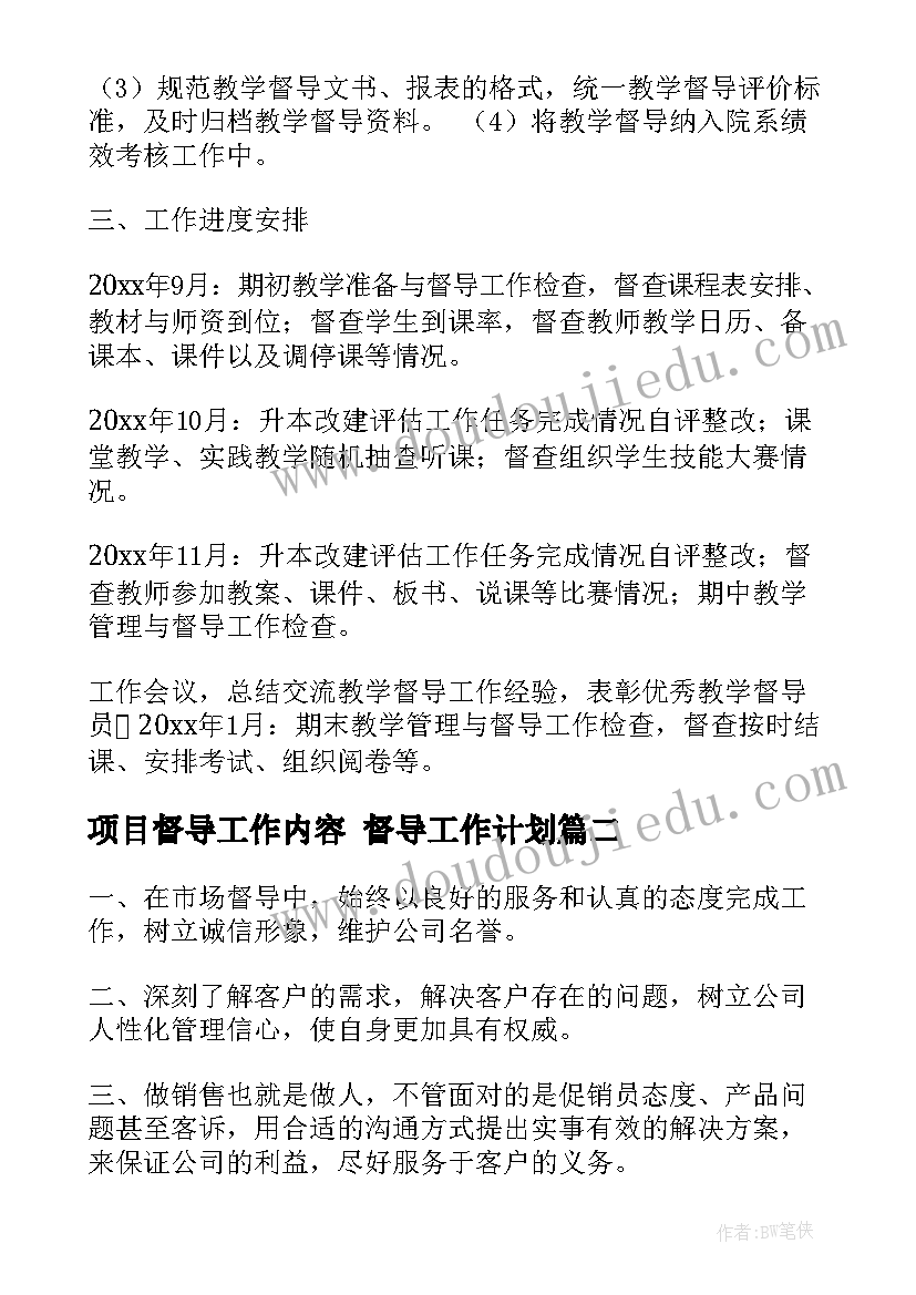 项目督导工作内容 督导工作计划(精选6篇)