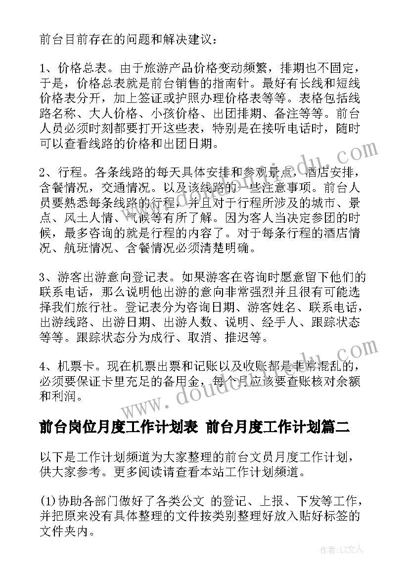 最新前台岗位月度工作计划表 前台月度工作计划(优秀5篇)