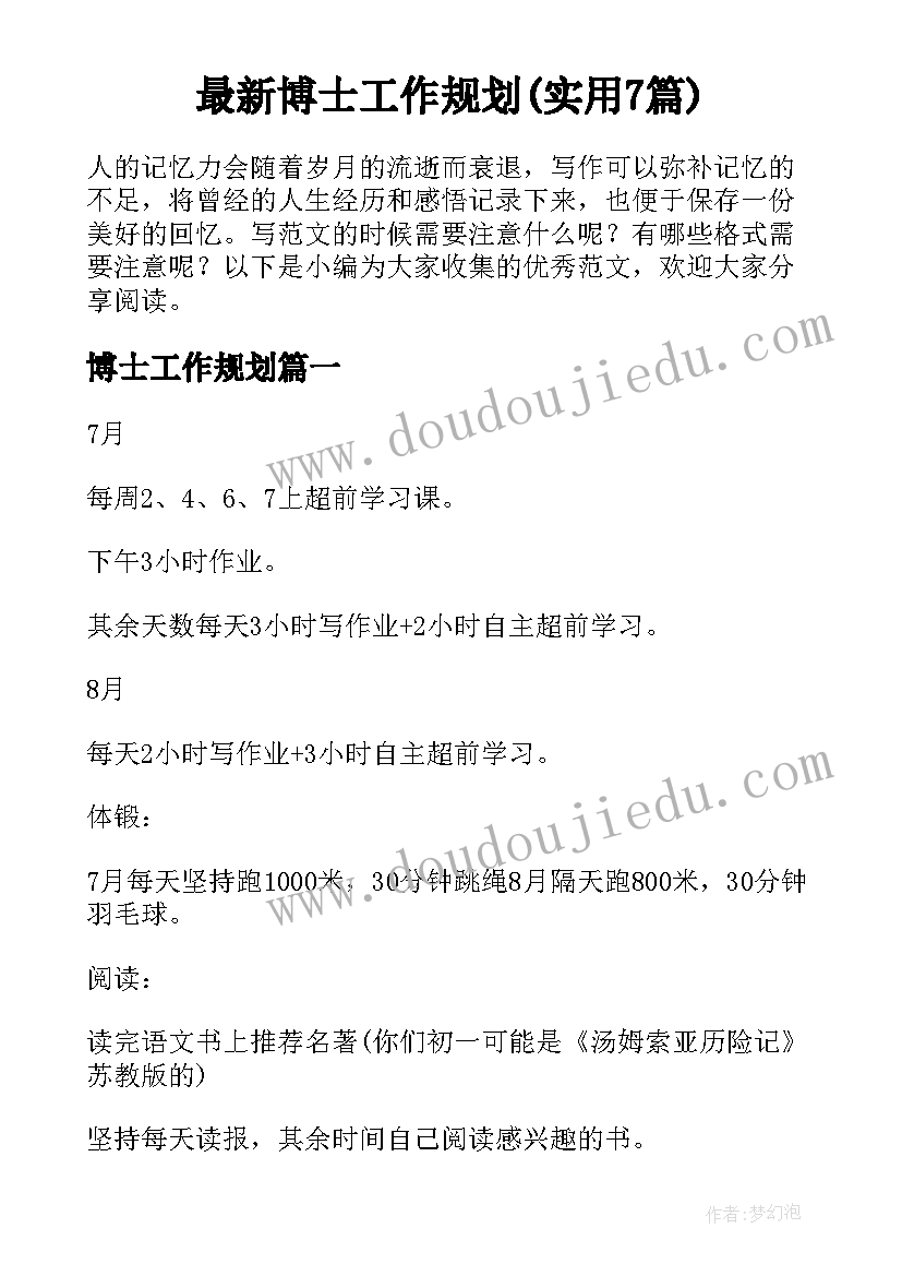 最新博士工作规划(实用7篇)