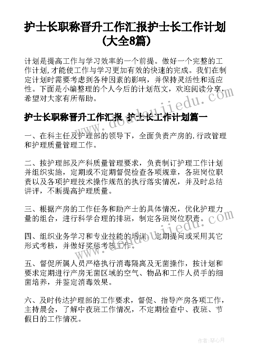 护士长职称晋升工作汇报 护士长工作计划(大全8篇)