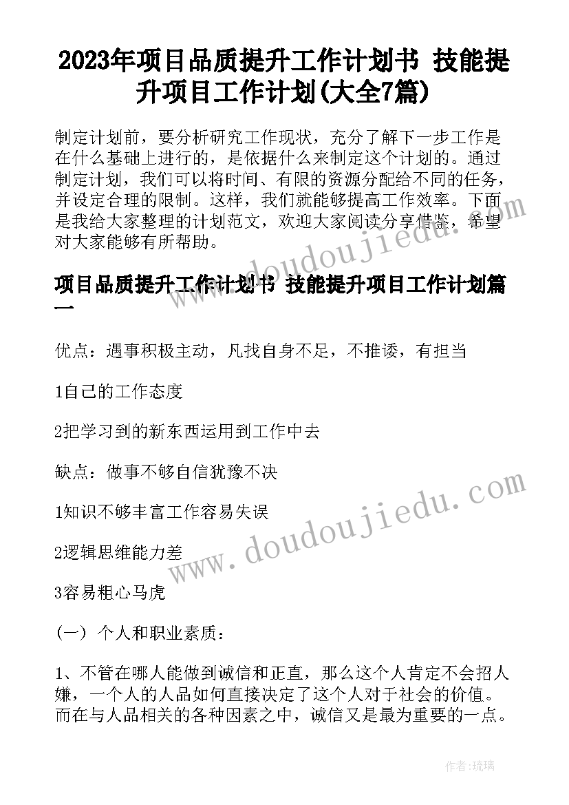 2023年项目品质提升工作计划书 技能提升项目工作计划(大全7篇)