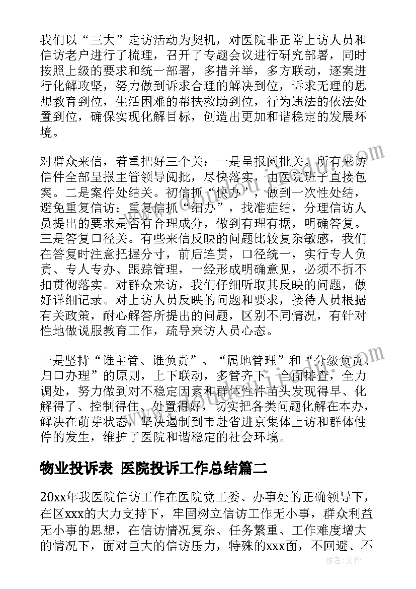 物业投诉表 医院投诉工作总结(优秀5篇)