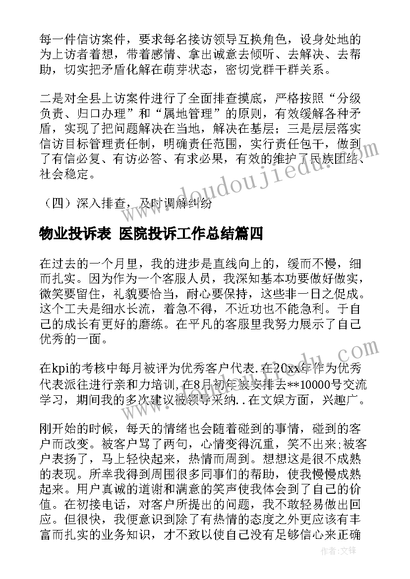 物业投诉表 医院投诉工作总结(优秀5篇)