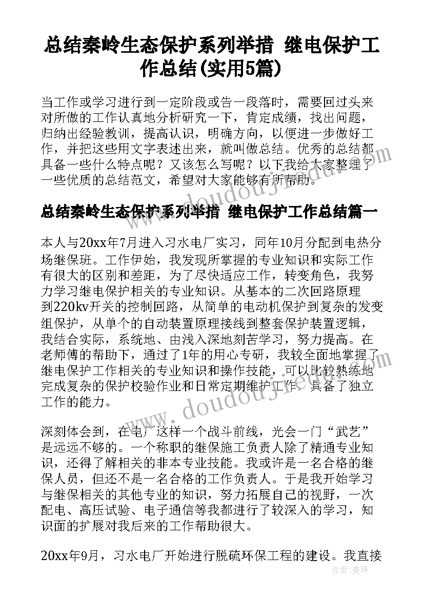 总结秦岭生态保护系列举措 继电保护工作总结(实用5篇)