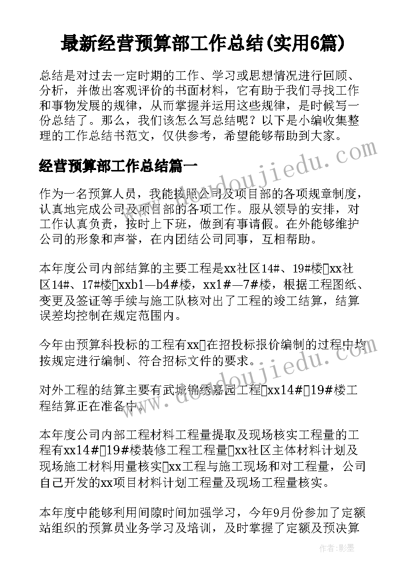 最新经营预算部工作总结(实用6篇)