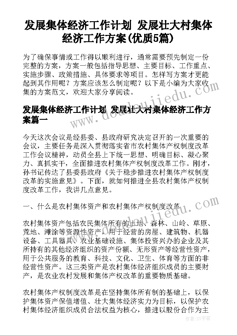 发展集体经济工作计划 发展壮大村集体经济工作方案(优质5篇)