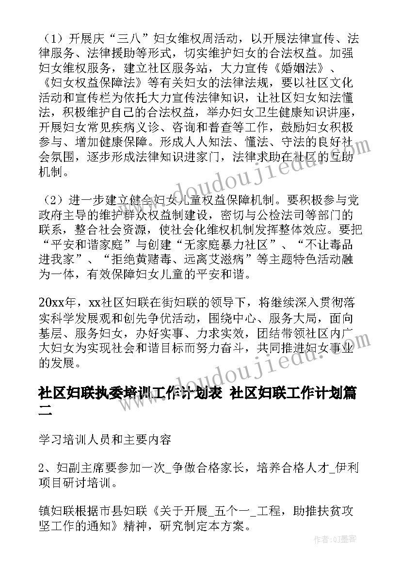 最新社区妇联执委培训工作计划表 社区妇联工作计划(通用9篇)