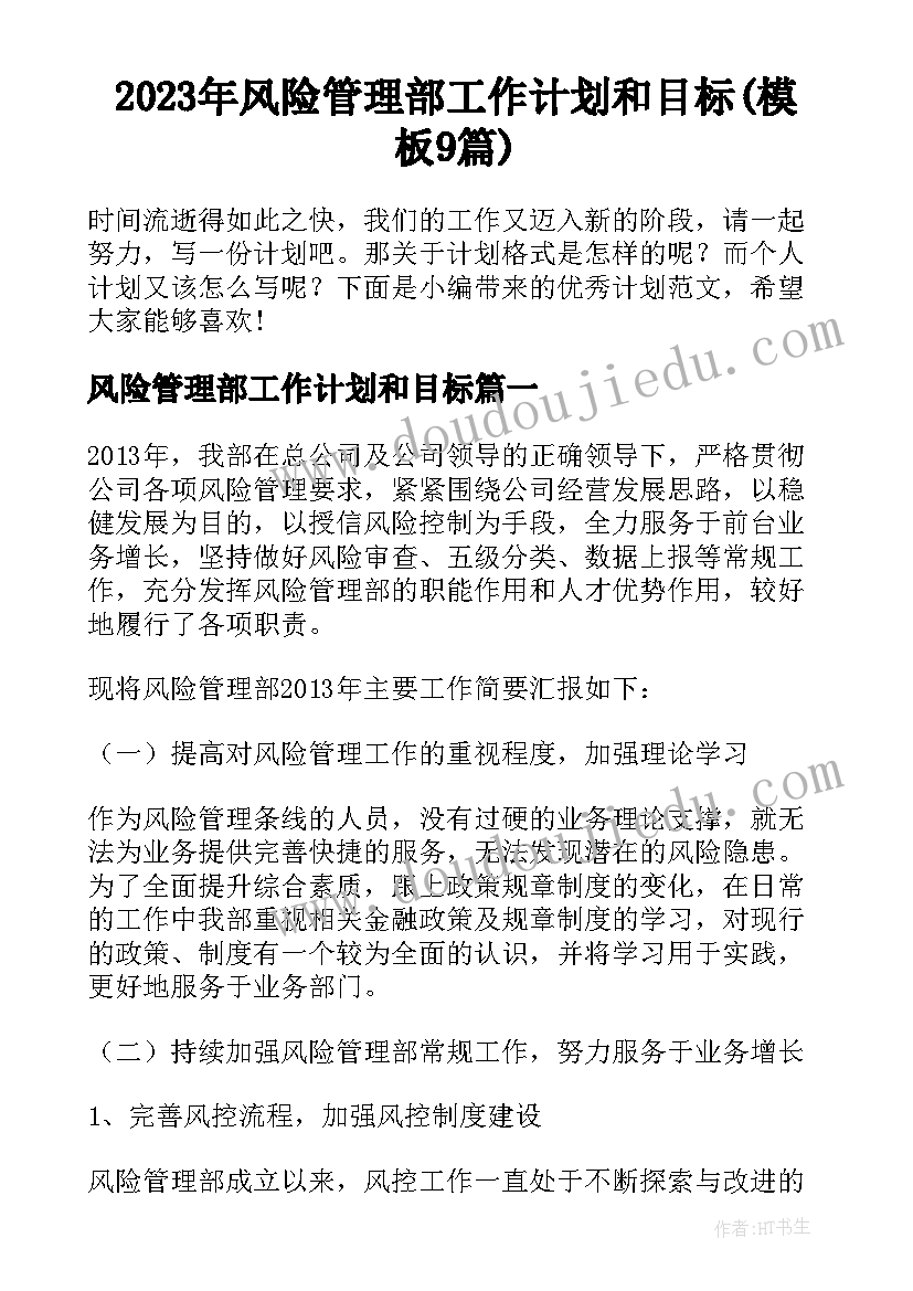 2023年风险管理部工作计划和目标(模板9篇)