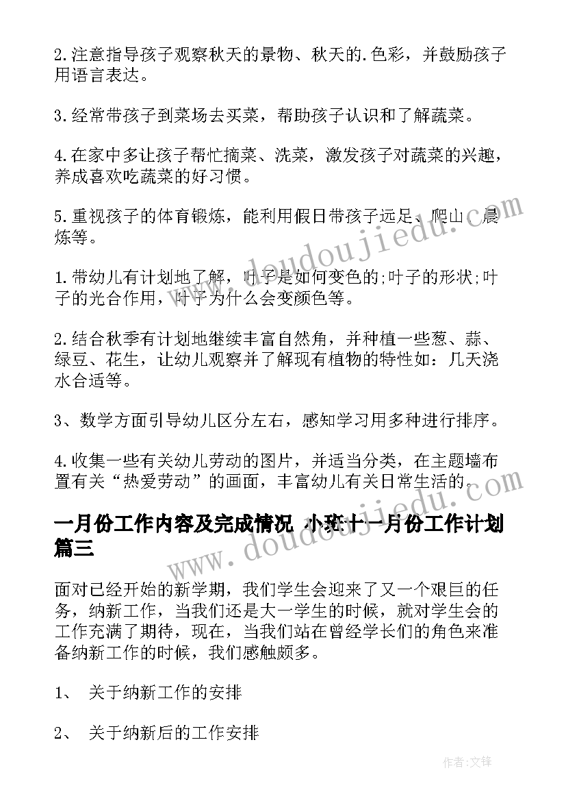 一月份工作内容及完成情况 小班十一月份工作计划(模板6篇)