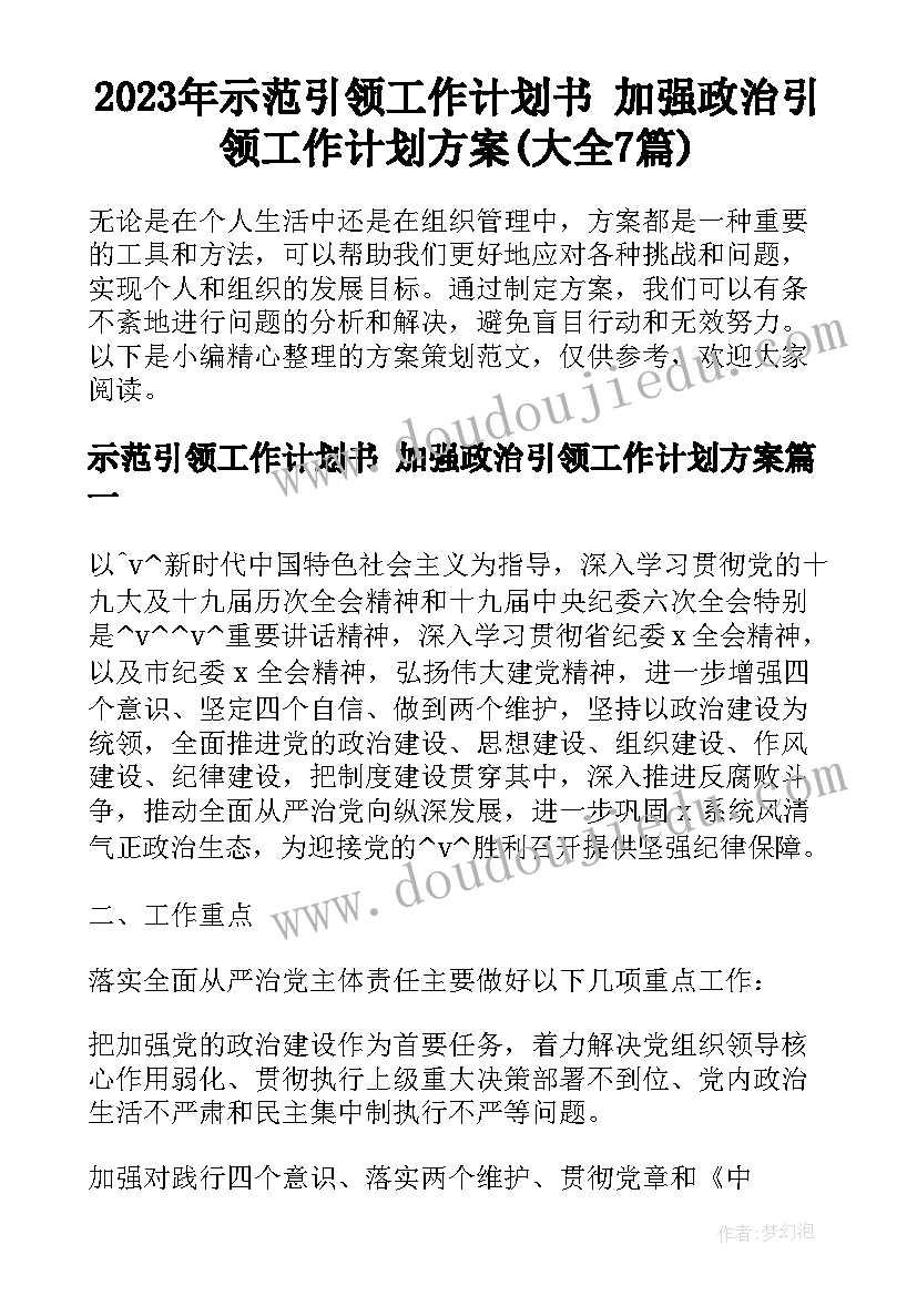 2023年示范引领工作计划书 加强政治引领工作计划方案(大全7篇)