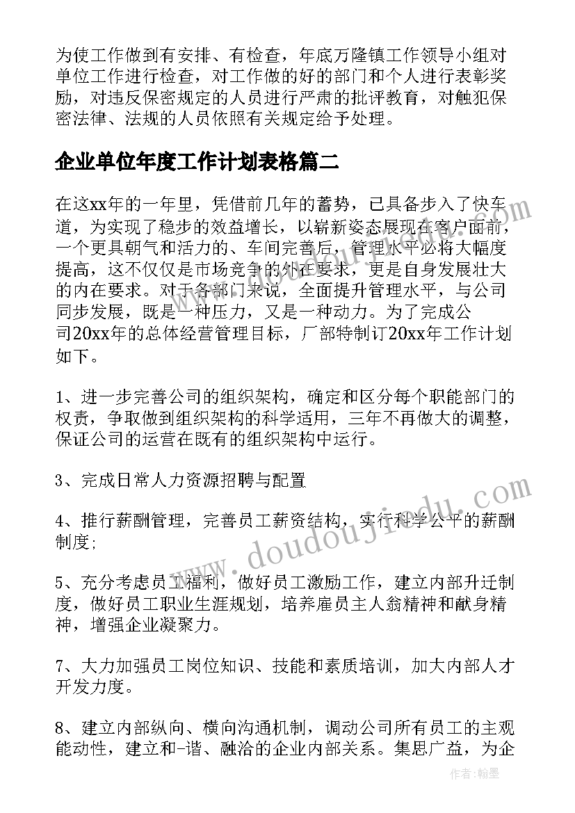 最新企业单位年度工作计划表格(优质5篇)