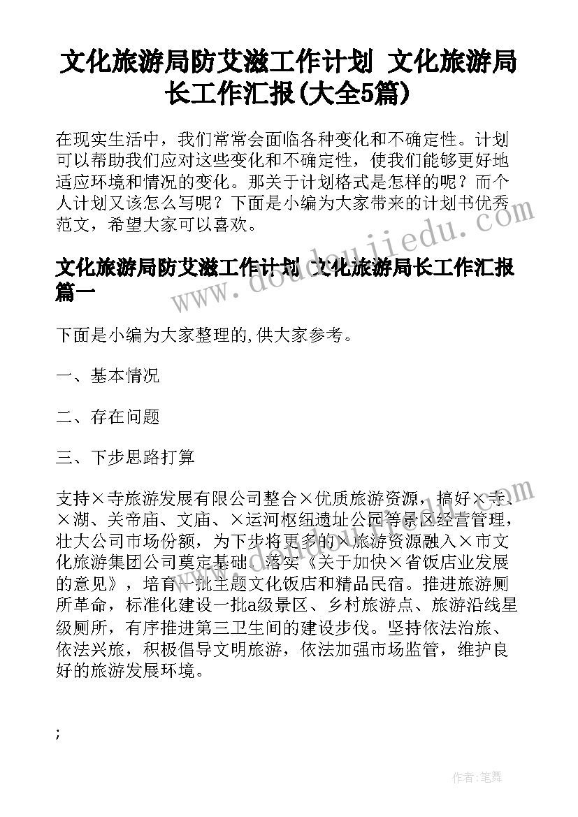 文化旅游局防艾滋工作计划 文化旅游局长工作汇报(大全5篇)