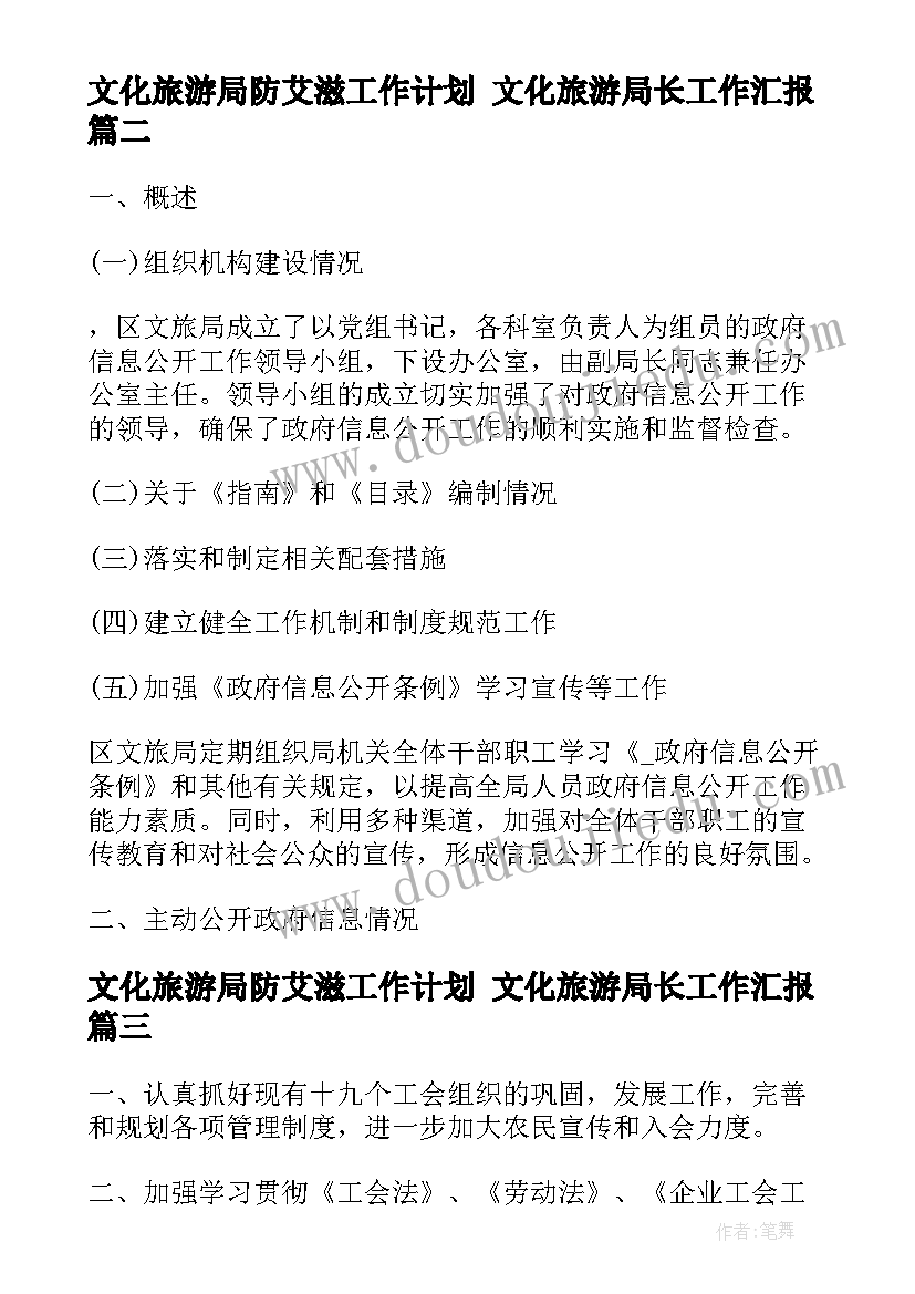 文化旅游局防艾滋工作计划 文化旅游局长工作汇报(大全5篇)