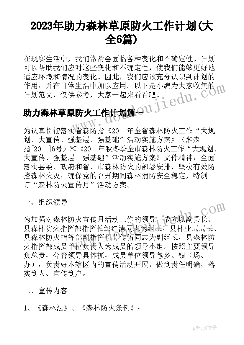 2023年助力森林草原防火工作计划(大全6篇)