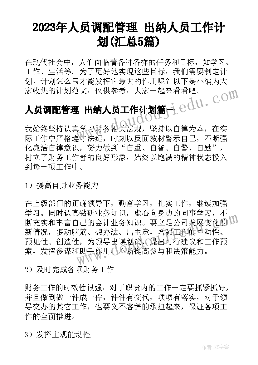 2023年人员调配管理 出纳人员工作计划(汇总5篇)