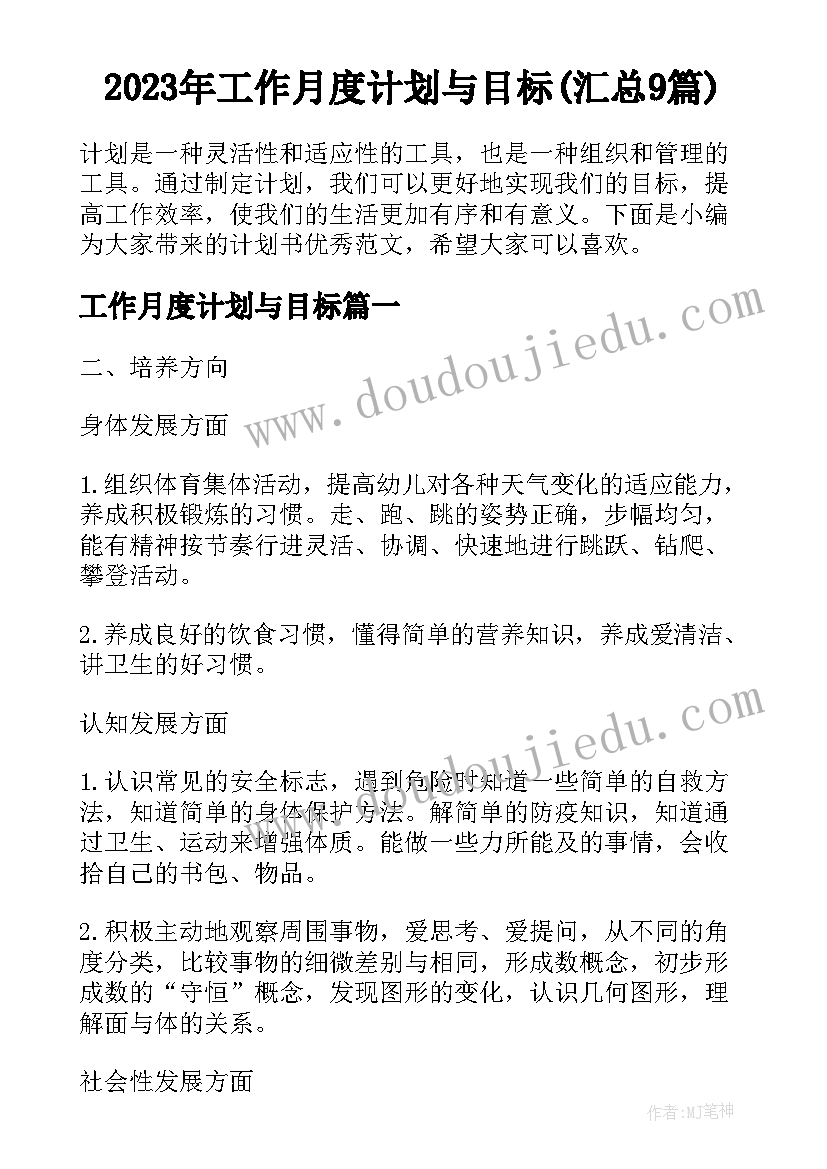 2023年工作月度计划与目标(汇总9篇)