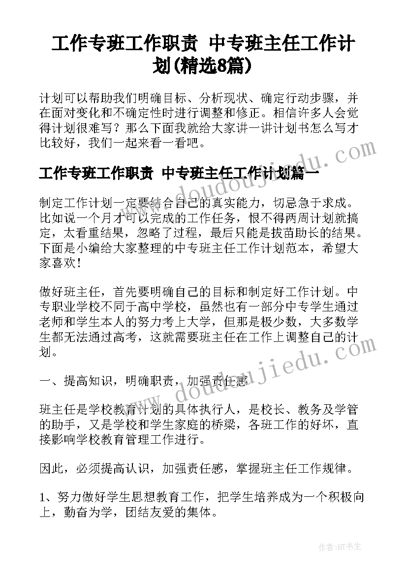 工作专班工作职责 中专班主任工作计划(精选8篇)