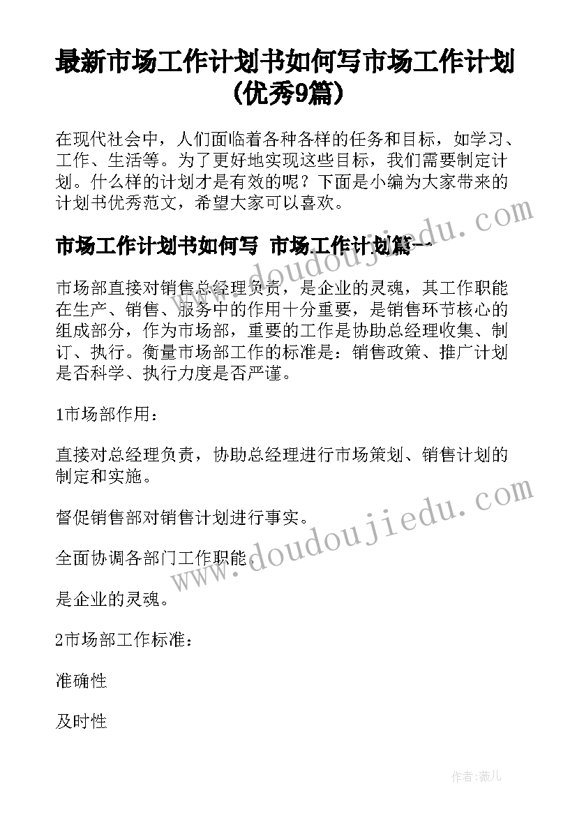 最新市场工作计划书如何写 市场工作计划(优秀9篇)