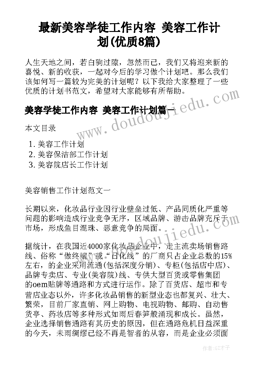 最新美容学徒工作内容 美容工作计划(优质8篇)