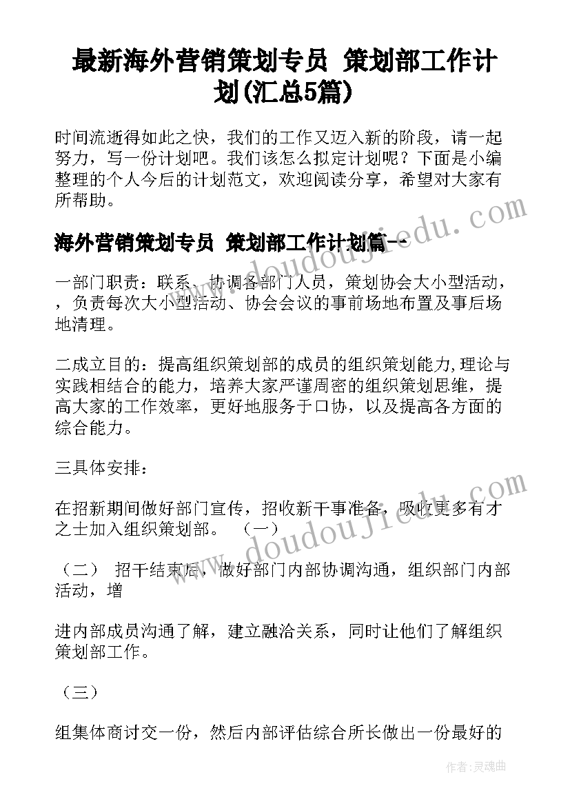 最新海外营销策划专员 策划部工作计划(汇总5篇)