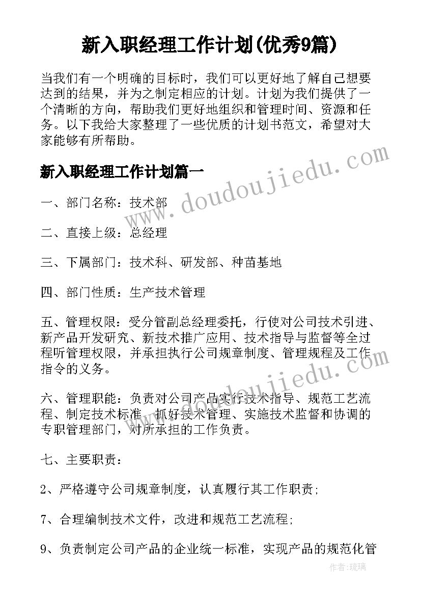 新入职经理工作计划(优秀9篇)